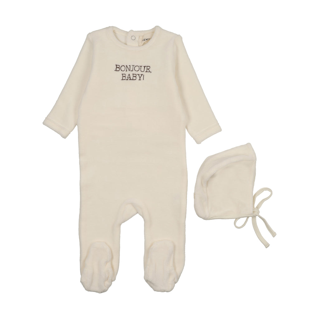 Mema Knits Bonjour Baby Stitched Velour Footie & Bonnet -Ivory/Otter Stitching