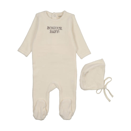Mema Knits Bonjour Baby Stitched Velour Footie & Bonnet -Ivory/Otter Stitching