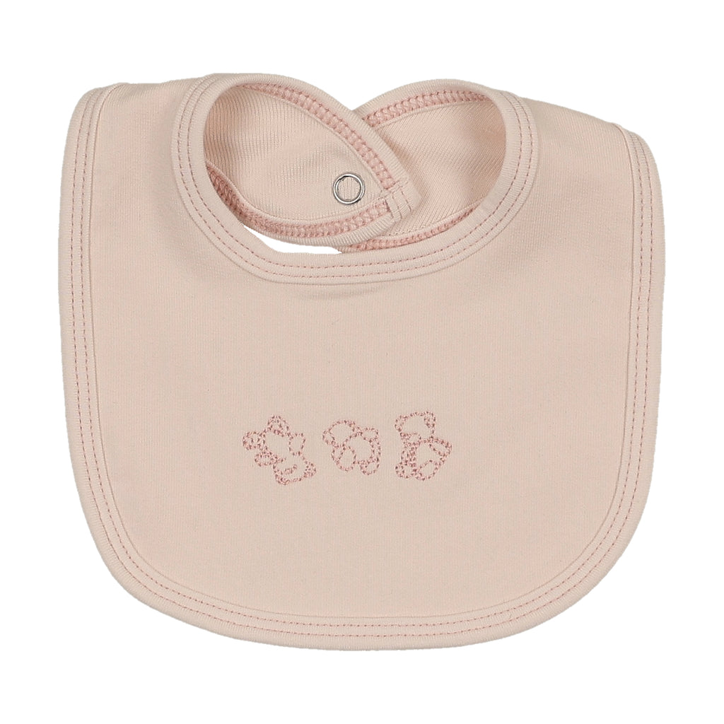 Mema Knits Embroidered Stitch Teddy Bib - Baby Blush/Pink Stitching