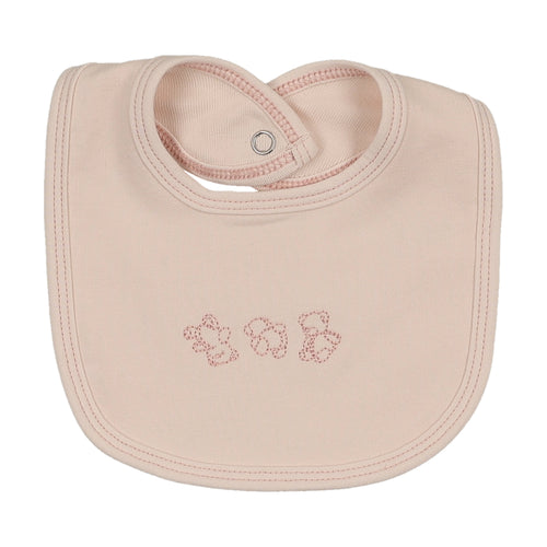 Mema Knits Embroidered Stitch Teddy Bib - Baby Blush/Pink Stitching