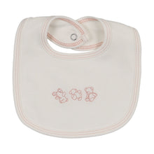 Load image into Gallery viewer, Mema Knits Embroidered Stitch Teddy Bib - Winter White/Pink Stitching