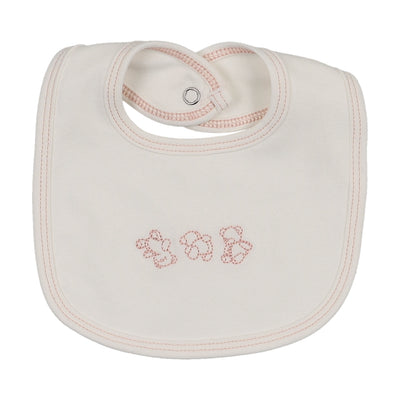 Mema Knits Embroidered Stitch Teddy Bib - Winter White/Pink Stitching