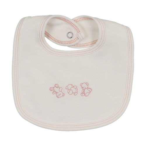Mema Knits Embroidered Stitch Teddy Bib - Winter White/Pink Stitching