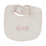 Mema Knits Embroidered Stitch Teddy Bib - Winter White/Pink Stitching