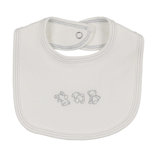 Mema Knits Embroidered Stitch Teddy Bib - Winter White/Blue Stitching