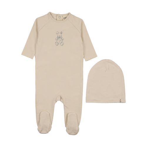 Mema Knits Vintage Bunny Print Footie & Beanie - Light Beige/Blue