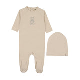 Mema Knits Vintage Bunny Print Footie & Beanie - Light Beige/Blue