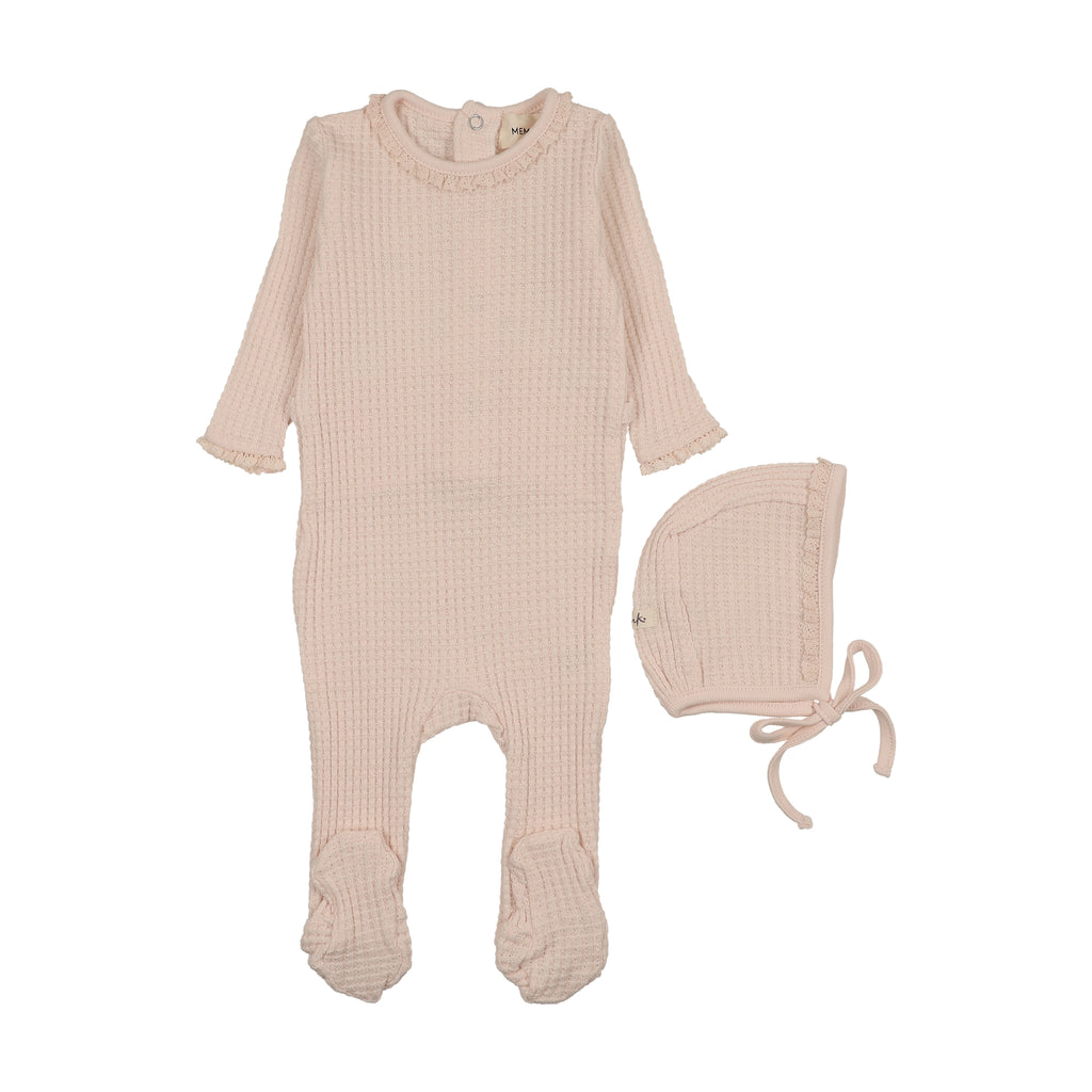 Mema Knits Honeycomb Waffle Trimmed Footie & Bonnet - Baby Blush