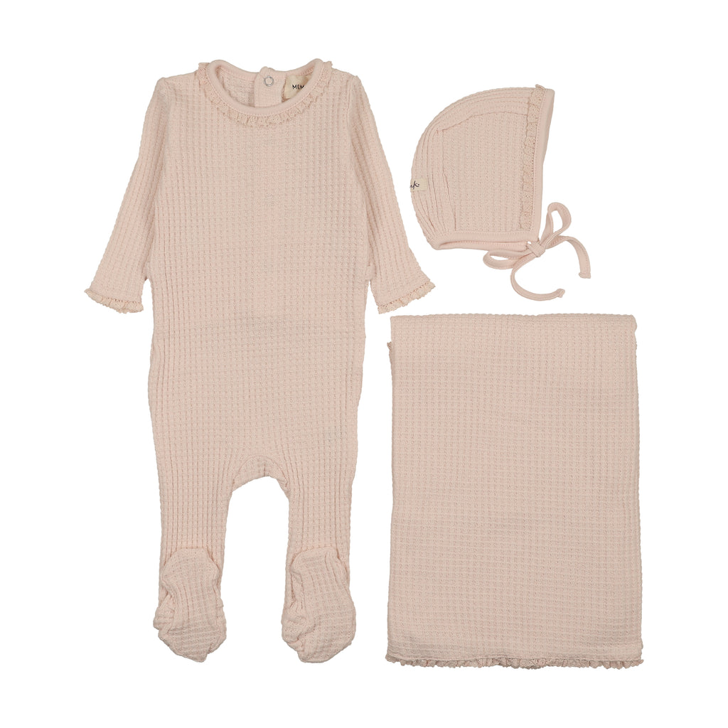 Mema Knits Honeycomb Waffle Trimmed Layette Set - Baby Blush