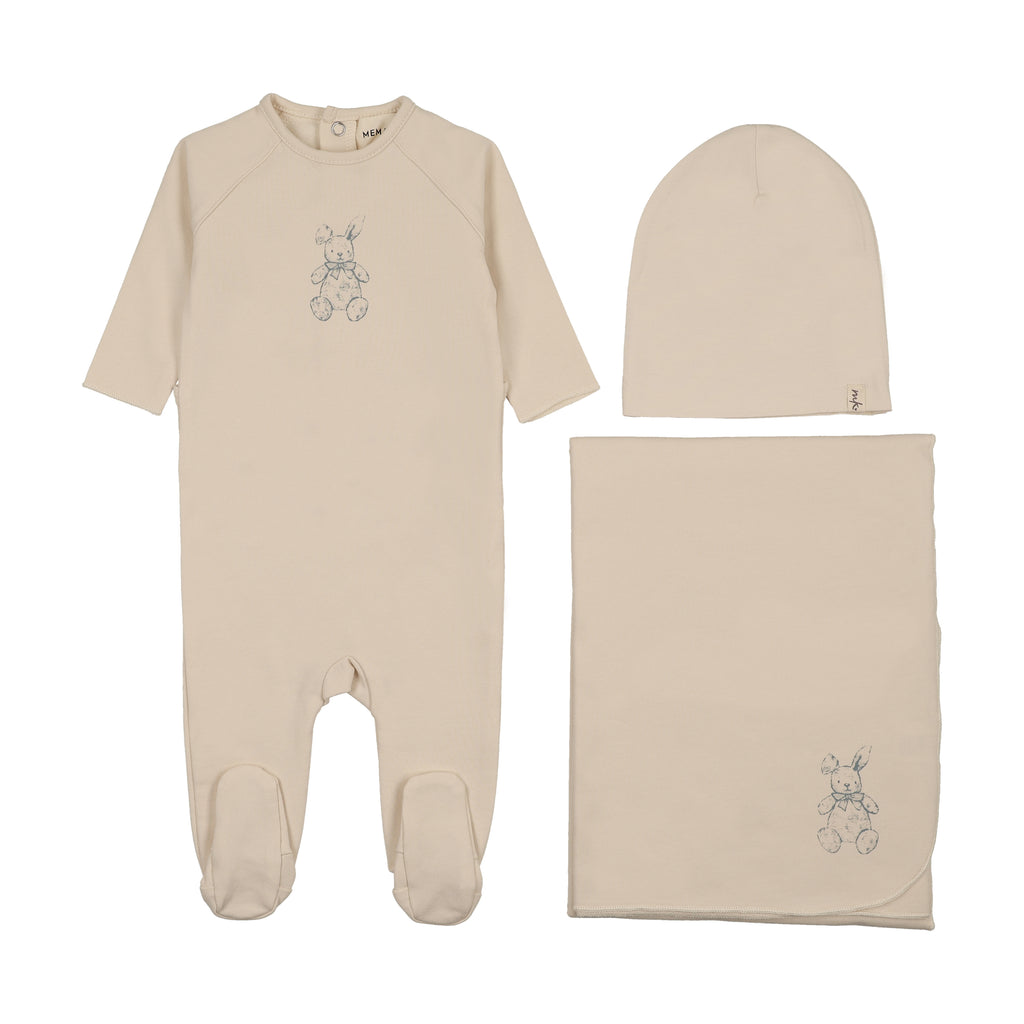 Mema Knits Vintage Bunny Print Layette Set - Light Beige/Blue