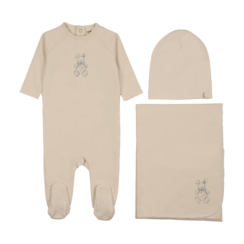 Mema Knits Vintage Bunny Print Layette Set - Light Beige/Blue