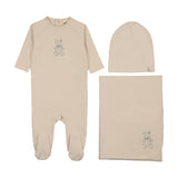 Mema Knits Vintage Bunny Print Layette Set - Light Beige/Blue