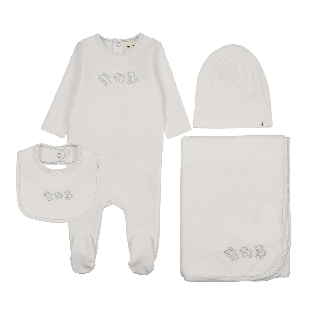 Mema Knits Embroidered Stitch Teddy Layette Set - Winter White/Blue Stitching