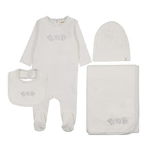 Load image into Gallery viewer, Mema Knits Embroidered Stitch Teddy Layette Set - Winter White/Blue Stitching