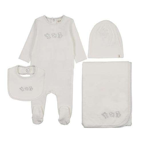 Mema Knits Embroidered Stitch Teddy Layette Set - Winter White/Blue Stitching