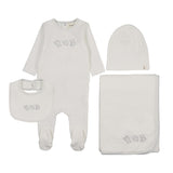 Mema Knits Embroidered Stitch Teddy Layette Set - Winter White/Blue Stitching