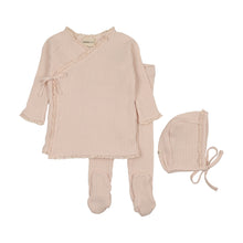 Load image into Gallery viewer, Mema Knits Waffle Ruffle Trimmed Two Piece Set &amp; Bonnet - Baby Blush