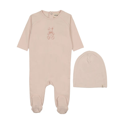 Mema Knits Vintage Bunny Print Footie & Beanie - Baby Blush/Pink
