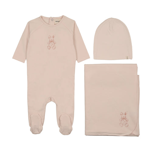 Mema Knits Vintage Bunny Print Layette Set - Baby Blush/Pink