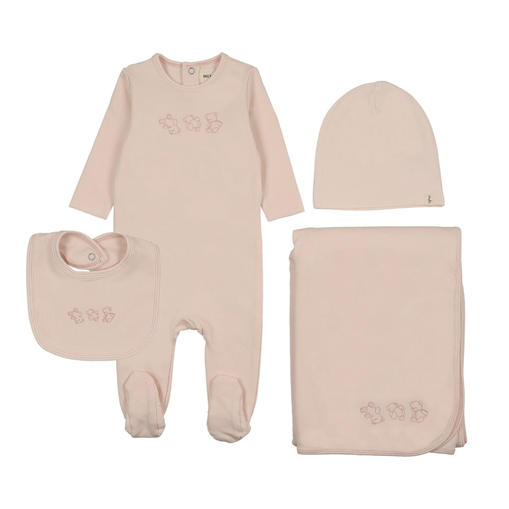 Mema Knits Embroidered Stitch Teddy Layette Set - Baby Blush/Pink Stitching