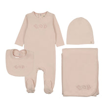 Load image into Gallery viewer, Mema Knits Embroidered Stitch Teddy Layette Set - Baby Blush/Pink Stitching