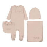 Mema Knits Embroidered Stitch Teddy Layette Set - Baby Blush/Pink Stitching