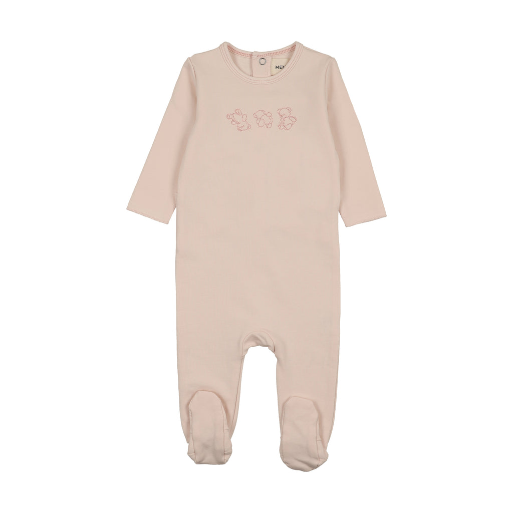 Mema Knits Embroidered Stitch Teddy Footie - Baby Blush/Pink Stitching