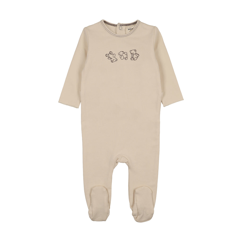 Mema Knits Embroidered Stitch Teddy Footie - Light Beige/Otter Stitching