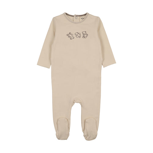Mema Knits Embroidered Stitch Teddy Footie - Light Beige/Otter Stitching