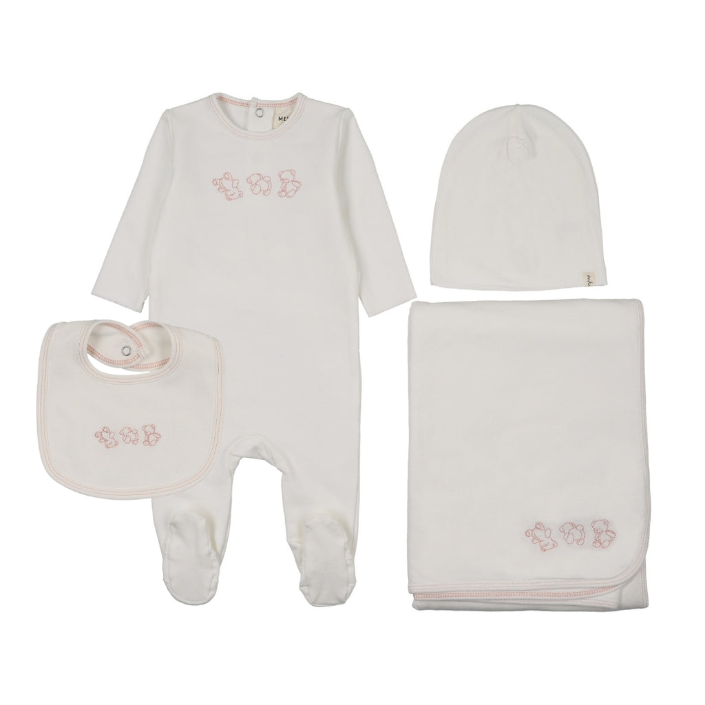 Mema Knits Embroidered Stitch Teddy Layette Set - Winter White/Pink Stitching