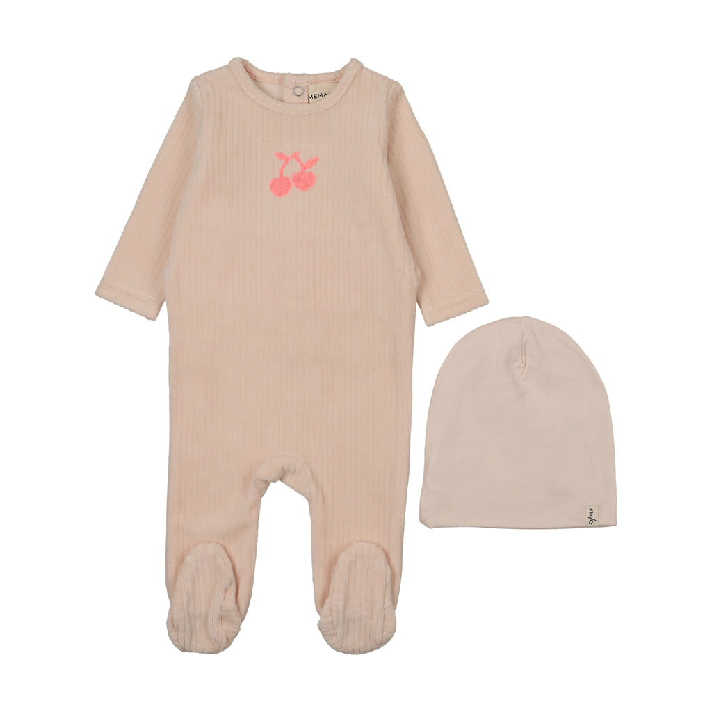 Mema Knits Embroidered Cherry Footie + Beanie - Baby Blush/Neon Pink Cherry