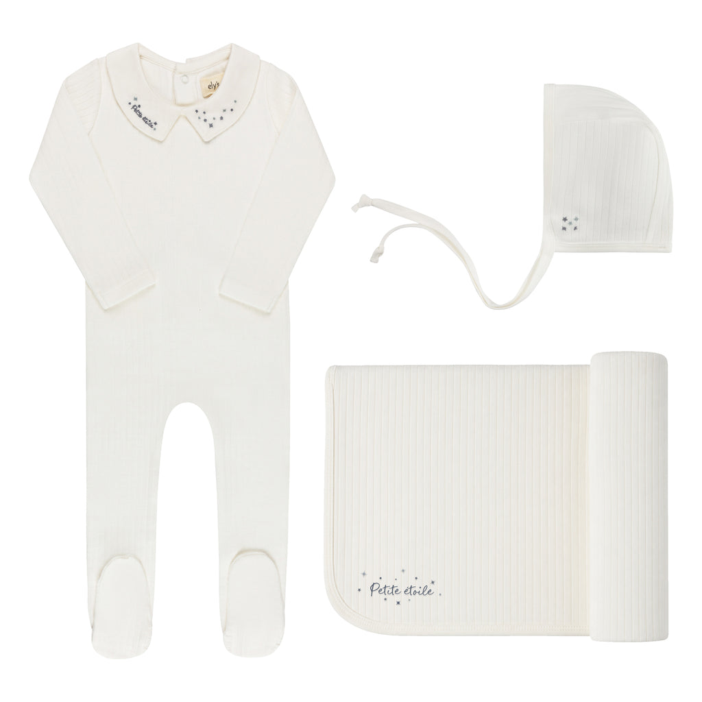 Ely's & Co Floral Star Embroidered Collar Collection Layette Set - Ivory/Blue
