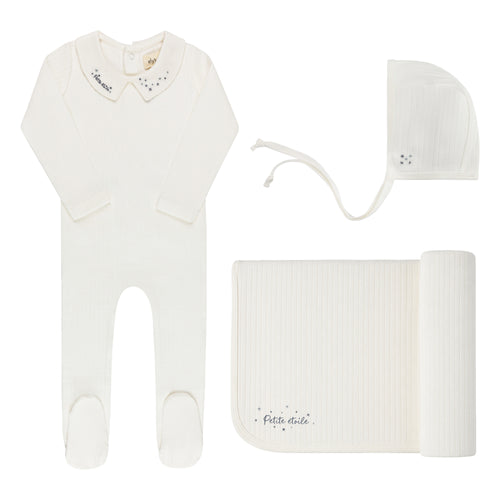 Ely's & Co Floral Star Embroidered Collar Collection Layette Set - Ivory/Blue