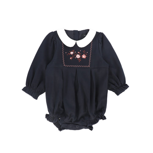 Bamboo Wool Embroidered Romper - Navy