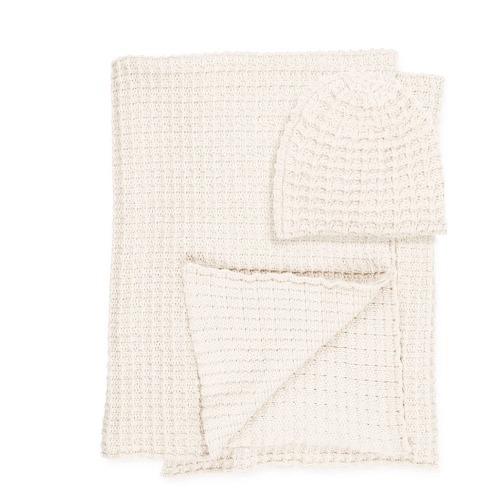 Peluche Crochet Waffle Knit Blanket +Beanie - Cream