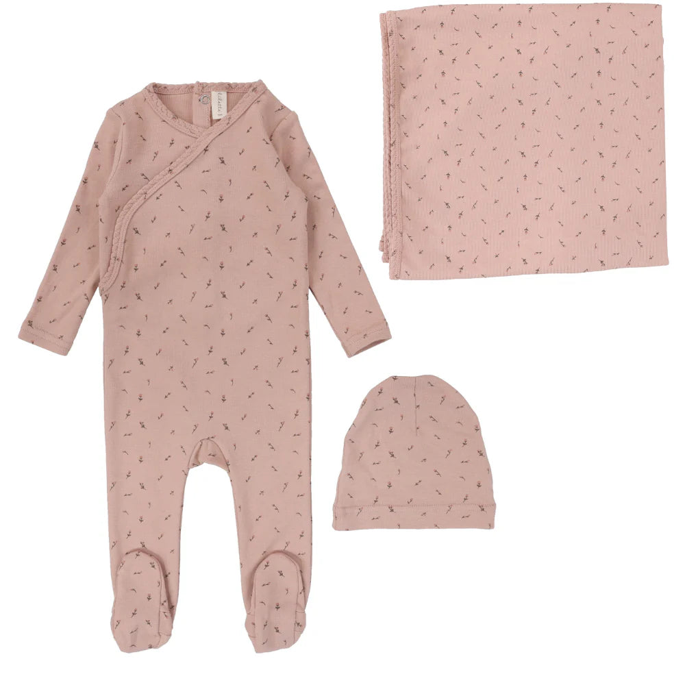 Lilette Printed Pointelle Wrap Layette Set - Milk/Rose