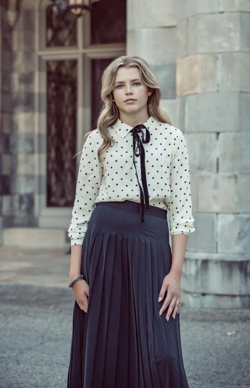 Coco Blanc Pleated Silk Skirt With Polka Dot Blouse Set