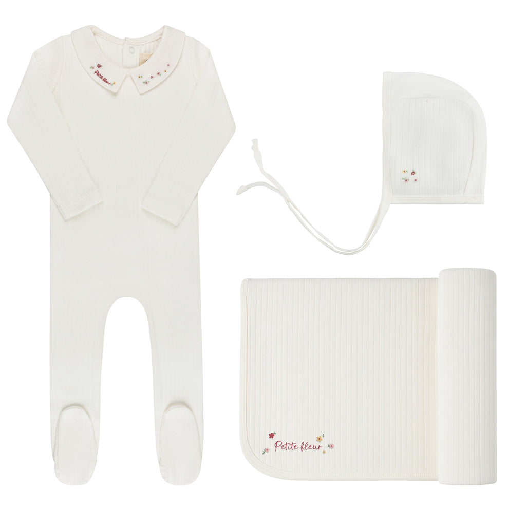 Ely's & Co Floral Star Embroidered Collar Collection Layette Set - Ivory/Pink