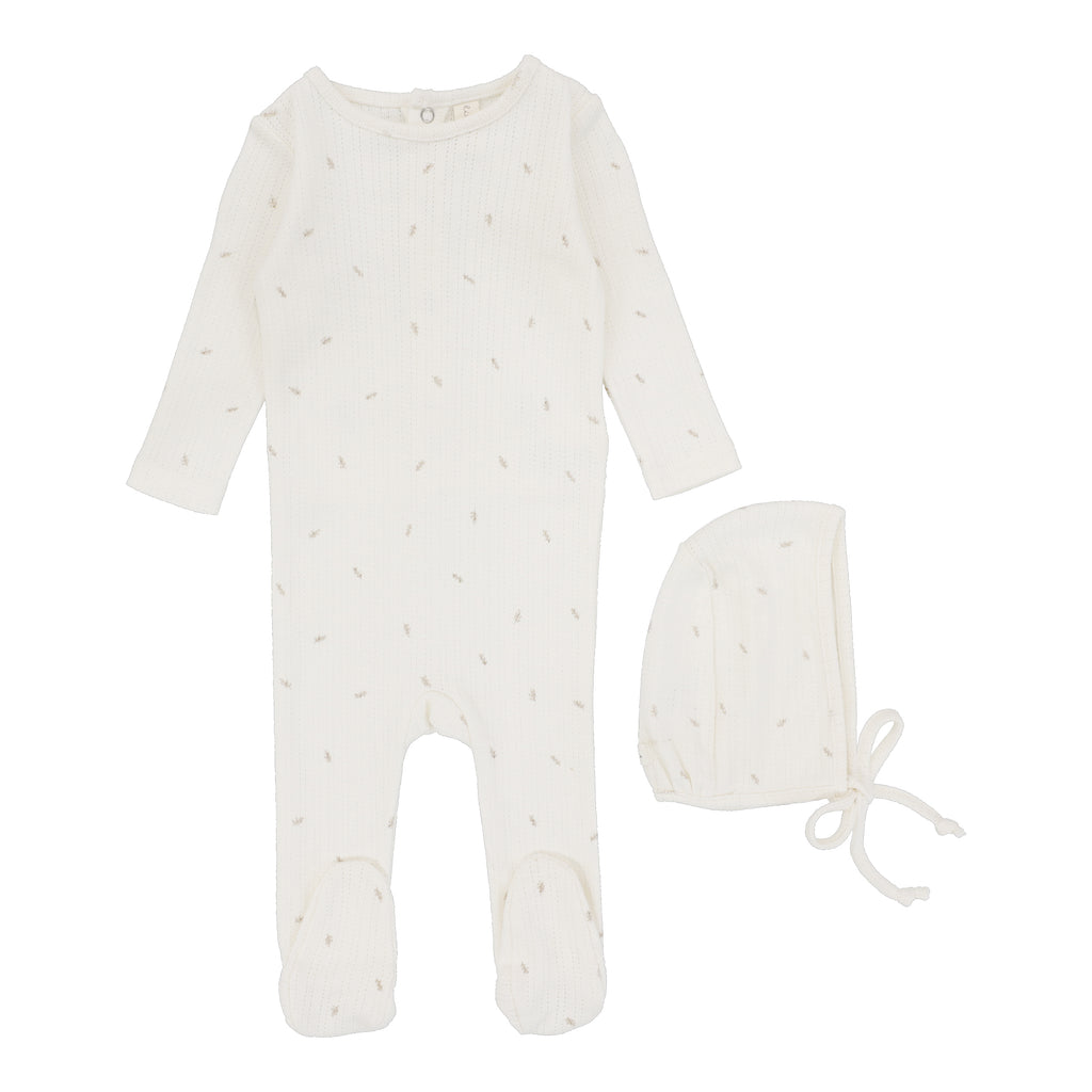 Lilette Printed Pointelle Footie & Beanie Set - Cream / Branch