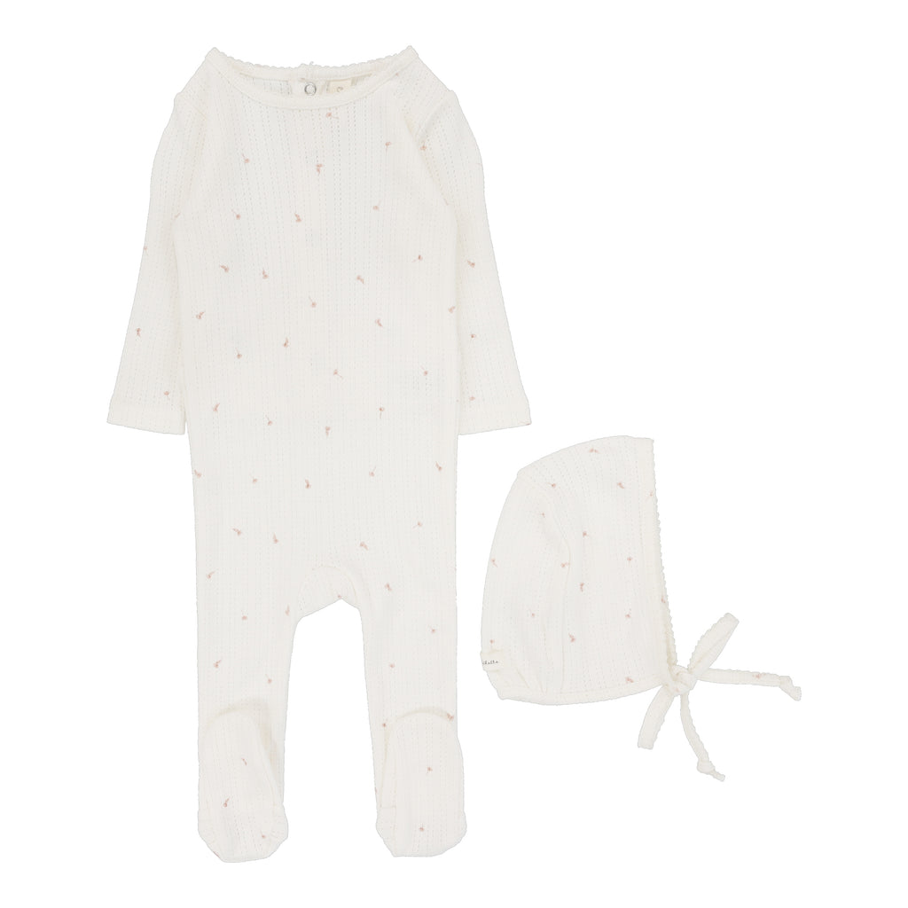 Lilette Printed Pointelle Footie & Beanie Set - Cream / Floral