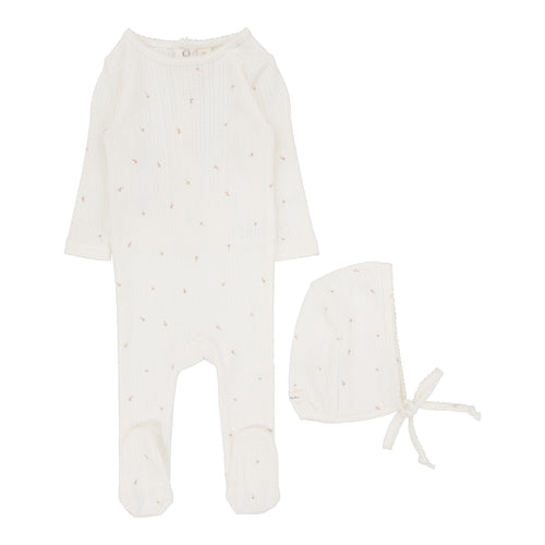 Lilette Printed Pointelle Footie & Beanie Set - Cream / Floral