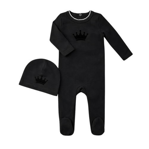 Little Label Black Velvet Crown Robe Footie and Hat