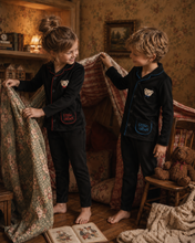 Load image into Gallery viewer, Little Label Velour Teddy Grandpa Pajamas - Black/Blue Piping