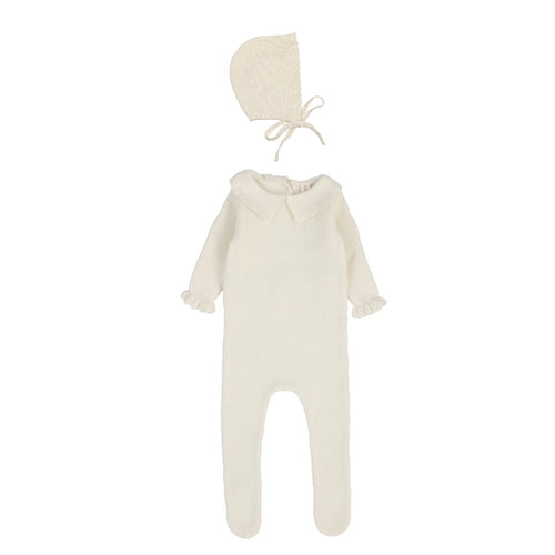 Lilette Knit Collar Ruffle Footie & Bonnet - Cream