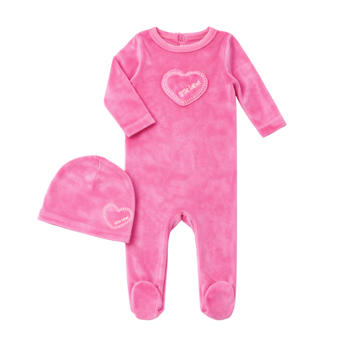 Little Label Hot Pink Velour Heart Footie And Hat