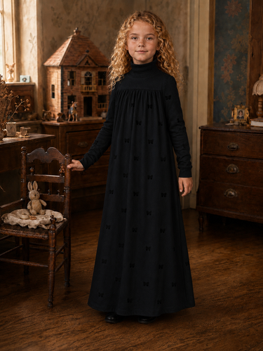 Little Label Long Maxi All Over Bow Print Robe - Black
