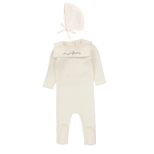 Lilette Knit Collar Footie & Bonnet - Cream (Girls)