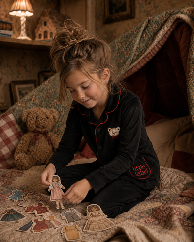 Little Label Velour Teddy Grandpa Pajamas - Black/Red Piping
