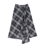 Bamboo Plaid Wrap Ruffle Maxi Skirt - Navy