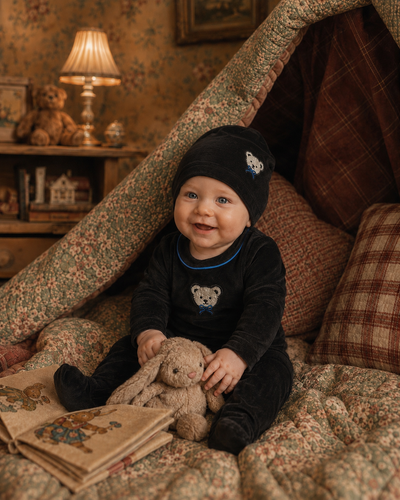 Little Label Velour Teddy Footie And Hat - Black/Blue Piping